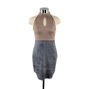 NUDE Sleeveless Microfiber Colorblock Bodycon Midi Dress Junior's L Tan & Gray